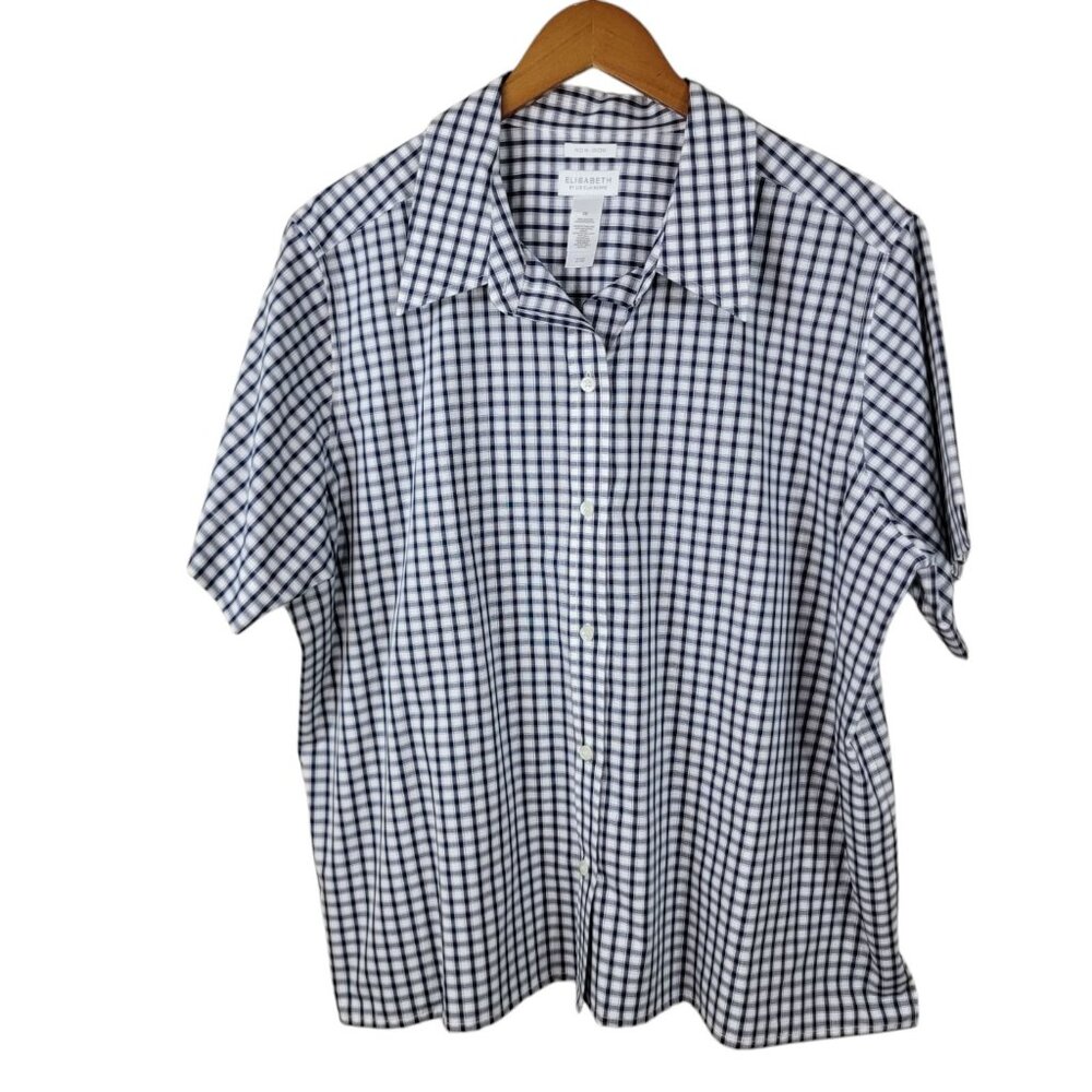 NEW Elizabeth Plus Size 2X Top Button Up Lightweight Short Sleeve Check Plaid